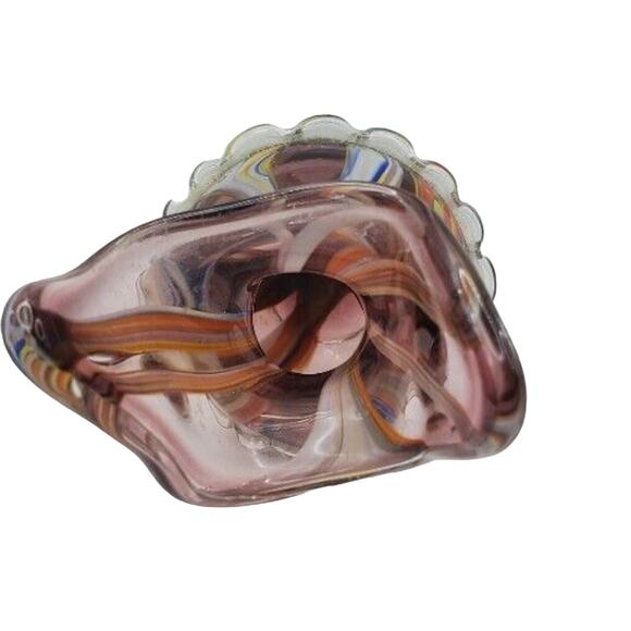 Art Glass Vase Hand Blown Applied Ruffled Edge Lead Crystal Mottled Multicolor - Picture 8 of 10